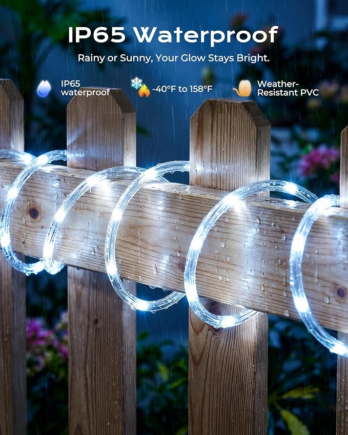 Brightown 2 Pack Total 78FT 200LED Pure White Solar Rope String Lights | IP65 waterproof solar fairy lights with 8 lighting modes, solar powered, perfect decor for yard, garden and outdoor tree