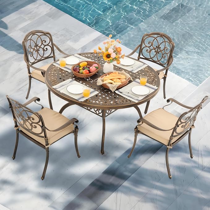 5-Piece Cast Aluminum Outdoor Table and Chairs, Classic Vintage Patio Dining Set for 4 Include 54.5" Round Dining Table and 4 Chairs with Removable Cushion and Umbrella Hole
