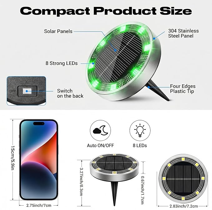 Solar Ground Lights Outdoor, 12 Pack Flat Solar Powered Disc Lights, IP68 Waterproof, Anti-Rust, Landscape Lighting for Pathway Garden Yard Lawn Walkway Landscape Driveway, Green