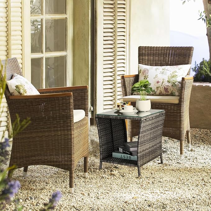 Outdoor Patio Wicker Side Table, Square End Table Bistro Coffee Table with Glass Top Storage Shelf for Porch Garden Backyard Rattan End Table Furniture with Storage (Light Grey)