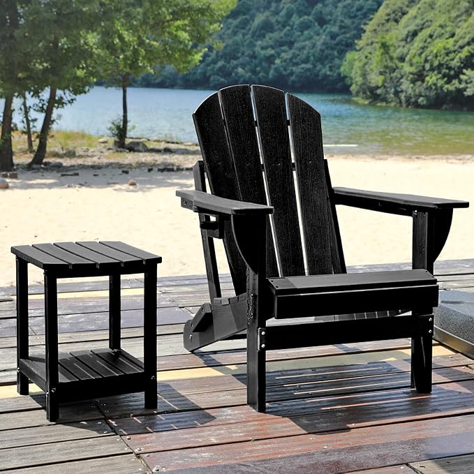 Adirondack Small Outdoor Side Table - Weatherproof HDPE Patio End Table with 2-Tier Storage for Firepit, Balcony, Garden, Poolside or Bathroom (Dark Black, Set of 1)