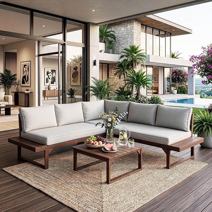 Outvita 4 Piece Wood Patio Furniture, L-Shaped Outdoor Sectional Sofa Set with Coffee Table, Conversation Set with Built-in Side Table, Coffee Table and Gray Cushions for Garden