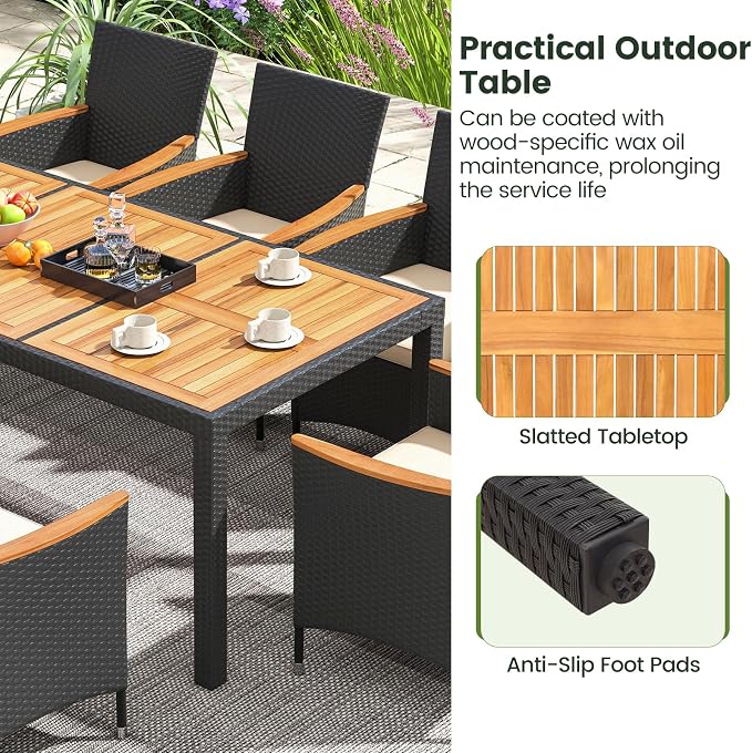 Tangkula 11 Pieces Patio Dining Set with Double-Sided Led Patio Umbrella (Base Included), with 8 Stackable Chairs, Acacia Wood Dining Table and Large Umbrella with Solar Lights (Turquoise + Off White)