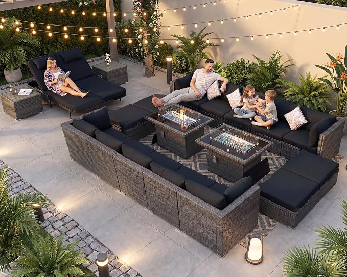 NICESOUL 20 Piece Outdoor Sectional with Fire Pit Table, 29.3'' High Back Extra Large Patio Furniture Set with Firepit & Chaise Lounge, 16-Person Outdoor Sofa Conversation Couch, Charcoal/Black