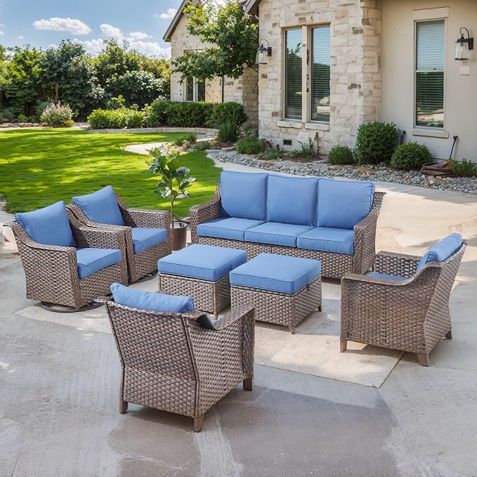 Patio Furniture Sets-Outdoor Wicker Rattan Sofa Couch with Swivel Glider Chair Outdoor Furniture Conversation Set for Porch Garden Backyard Poolside-Brown/Blue