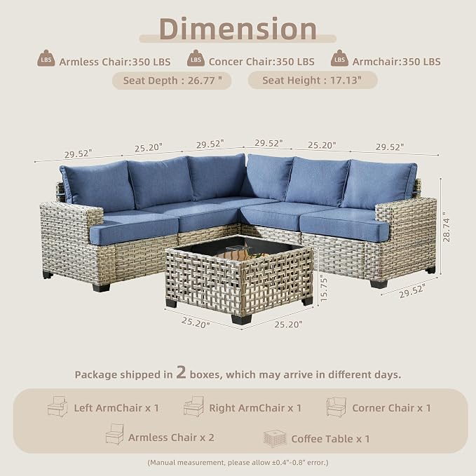 CAODOC Outdoor Sectional Patio Furniture Set,6 Pieces Wicker Conversation Sets L Shaped Couch,Outdoor Sofa Outside Furniture with Solar-Powered Coffee Table(Light Blue)