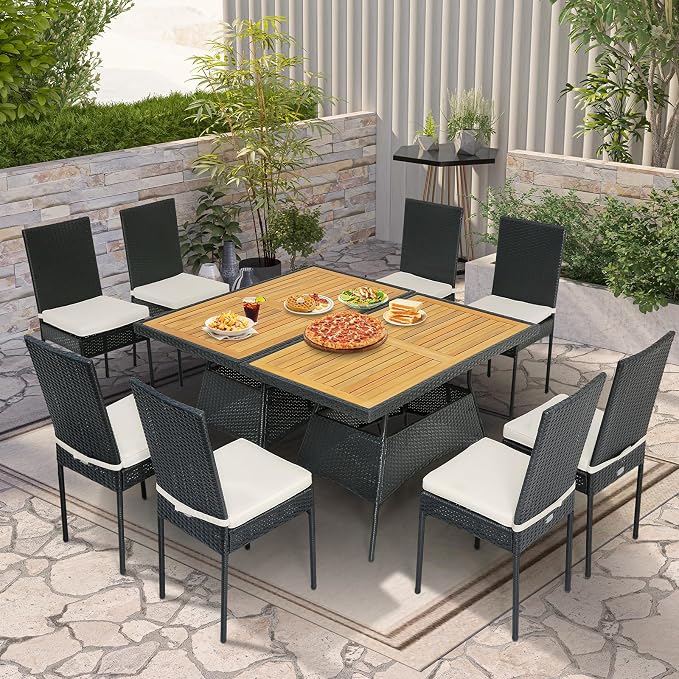 Tangkula 10 Piece Wicker Patio Dining Set, Outdoor Rattan Table & Chairs Set with Padded Cushions, Patio Furniture Dining Acacia Wood Table Set for Balcony Patio Garden Poolside