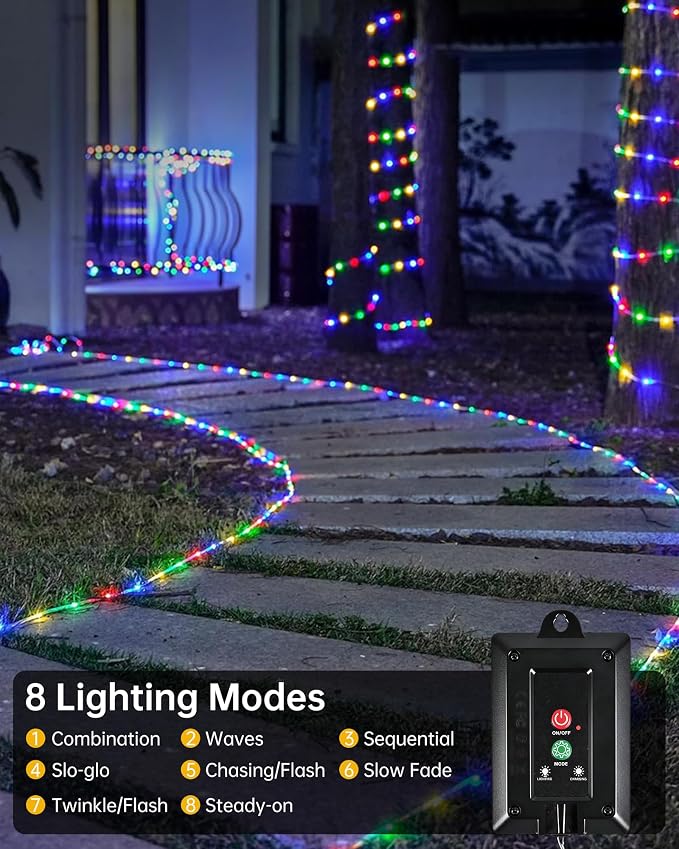 Solar Rope Lights Outdoor, 2 Packs Total 144FT 400LED Solar String Lights with 8 Lighting Modes, Waterproof Solar Powered Fairy Lights for Party Garden Yard Home Holiday Tree Decoration, Multicolor