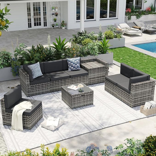 Aoxun 8-Piece Patio Furniture Set, Wicker Outdoor Sectional Sofa with Large Storage Table & Waterproof Cover, Patio Conversation Set for Backyard and Garden (Grey/Black)