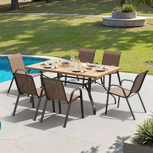 Soohow Outdoor Dining Set for 6, Outdoor Patio Dining Set 6 x Stackable Chairs & 1 x Wood-Like Outdoor Table with Umbrella Hole, All-Weather Patio Table and Chairs for Poolside, Backyard and Porch