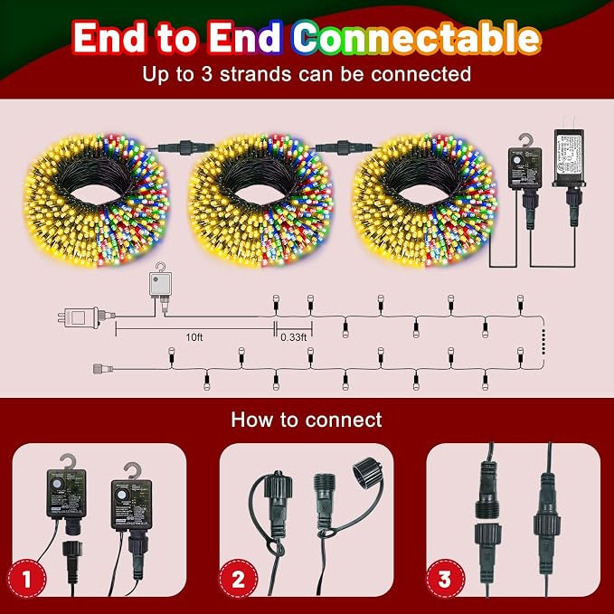 100FT 300 LED Color Changing Christmas Lights, Warm White & Multicolor | Christmas Tree Lights with Remote, Waterproof String Light for Outside Indoor Patio Yard Party Garden Holiday Decorations