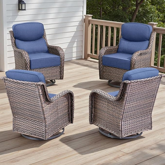 Rilyson Outdoor Swivel Rocker Chairs - All Weather Resistant Wicker Patio Furniture Set of 4 with High Back and 6 inch Thick Cushions for Deck Porch Yard and Poolside, Brown/Blue