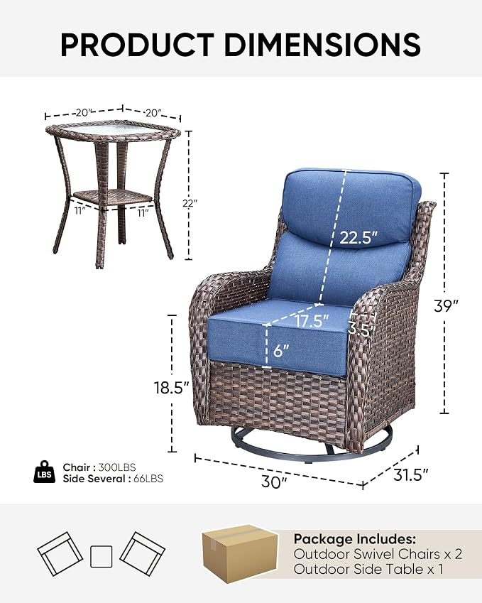 HUMMUH Outdoor Patio Wicker Swivel Rocker Chairs with 6-Inch Thick Cushion High Back 3 PCS Wicker Conversation Set for Porch Balcony Deck