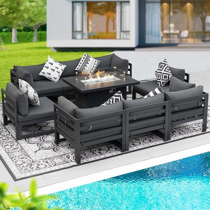 BULEXYARD 9 Piece Modern Aluminum Outdoor Patio Furniture Set with Fire Pit Table Propane/Gas, Large All-Weather Modular Sectional Couch, 29" Wide Deep Seating Conversation Sofa for Deck, Dark Grey