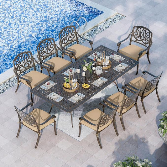 Grepatio 9 Piece Cast Aluminum Patio Furniture Set Outdoor Dining Set Bistro Furniture Set with 8 Armchairs and Dining Table, 8 Cushions for Backyard Garden Poolside (Khaki)