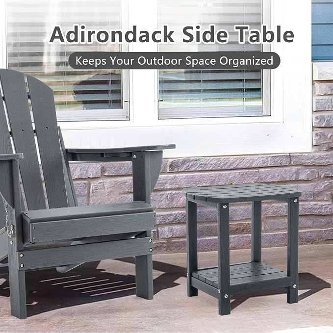 Adirondack Small Outdoor Side Table - Weatherproof HDPE Patio End Table with 2-Tier Storage for Firepit, Balcony, Garden, Poolside or Bathroom (Grey, Set of 4)