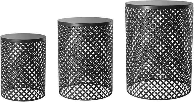 3 Pcs Metal Outdoor Side Table Set, Space-Saving Accent Table with Vintage Openwork Design, Modern Round End Table for Patio, Balcony, Living Room (Black)