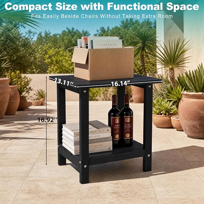 Outdoor Side Table with Storage Shelf, 2-Tier Patio Side Table, HDPE All Weather Outdoor End Tables for Adirondack Chair, Small Patio End Table for Deck Backyard Porch Lawn Poolside, Black