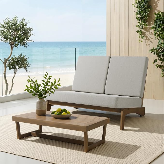 All Weather Patio Furniture Sets, 4 Pieces Teak Wood Outdoor Sectional Futniture Patio Sofa Chair Backyard Conversation Set with Solid Wooden Coffee Table - Light Camel