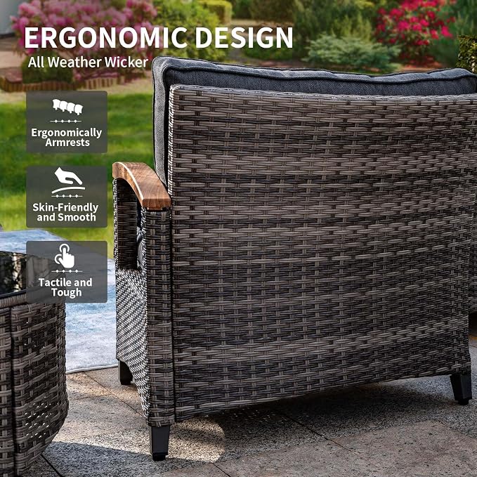 MEISSALIVVE 9 Piece Outdoor Patio Furniture Set, Half-Moon Curved Sectional Set with Wood Armrests, Patio Conversation Set for Porch,Deck,Balcony (Grey)