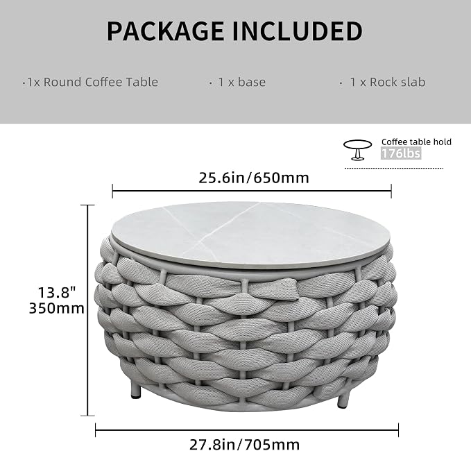 TWT Outdoor Coffee Table for Patio Table Rope Patio Coffee Table Lawn Garden Small Coffee Table with Rock Slab Top All-Weather, 25.6in(Textilene Rope, Light Grey)