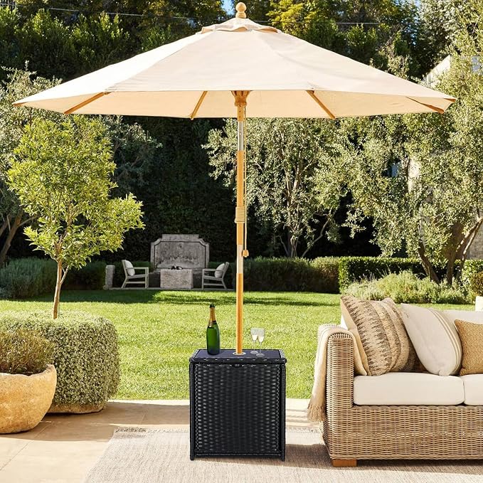 SUNNYPARK Outdoor Umbrella Side Table with 2 Weight Bags, 2-in-1 Patio Table with Umbrella Hole, All-Weather Handwoven PE Rattan Umbrella Base Stand for Deck Yard Garden Balcony Poolside