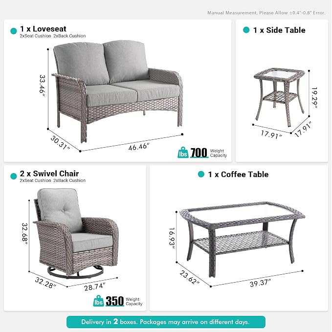 5 PCS Patio Outdoor Furniture Set with Swivel Rocking Chairs,All Weather Wicker Rattan Patio Seating Sofa and Chairs Set,Outdoor Conversaiton Sets for Deck Yard Prrch Garden Poolside,Dark Grey