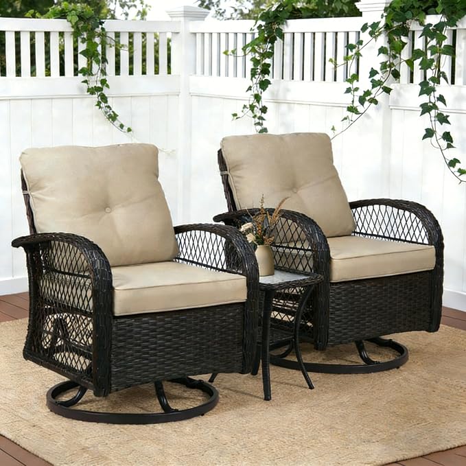 Outdoor Swivel Rocker Patio Chairs with Cushions，Outdoor Swivel Rocking Chairs Set of 2 with Rattan Side Table，360 Degree Swivel Seat Patio Furniture Set for Outside Porch Deck，3 Pieces