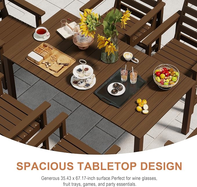 Domi HDPE Outdoor Dining Set, All-Weather 7 Piece Outdoor Dining Table Set with 2" Umbrella Hole, Outdoor Patio Dining Set for Garden, Poolside, Backyard, Deck, Brown