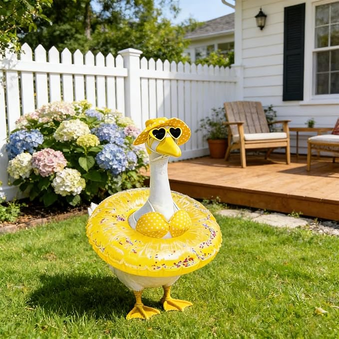 Hawaiian Porch Goose Outfits with Hat Sunglasses & Swim Ring, Summer Bikini Goose Outfit Clothes Costume Fits 23" Cement Geese Statue, Summer Garden Lawn Patio Yard Outdoor Decor (Summer style-Yellow)