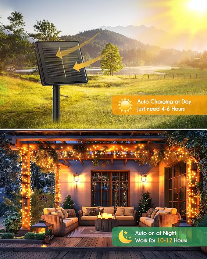 2 Pack×240 LED 20FT Total 40FT 480LED Solar Fairy Lights Outdoor Waterproof | Solar Christmas Lights Outdoor Waterproof 8 Light Modes Cascading Twinkle Lights Garland Christmas Decorations, Warm White