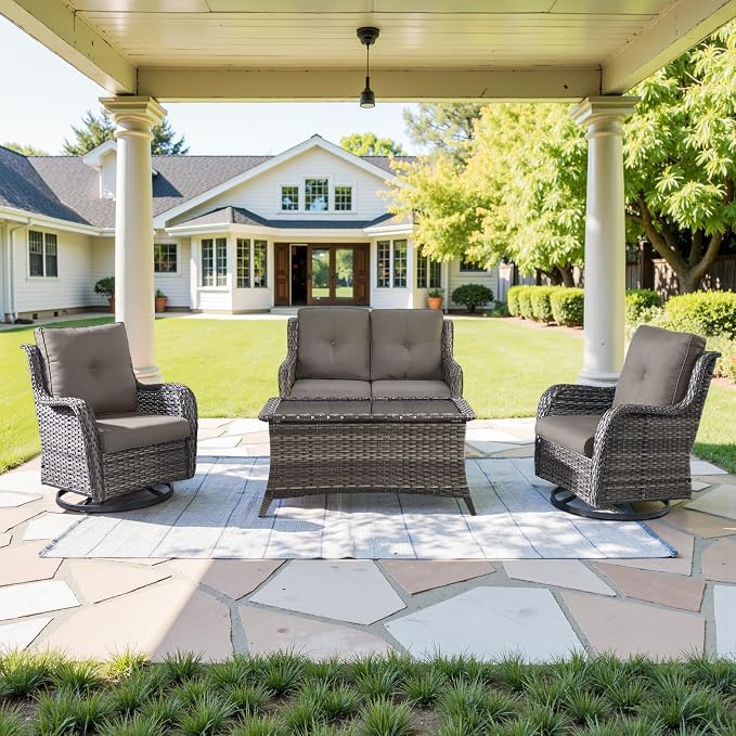 Belord 4 Piece Patio Wicker Furniture Set, Outdoor Swivel Rocker Chairs, All Weather Outdoor Patio Loveseat with Cushion and Coffee Table for Deck Porch, Gray Wicker/Gray