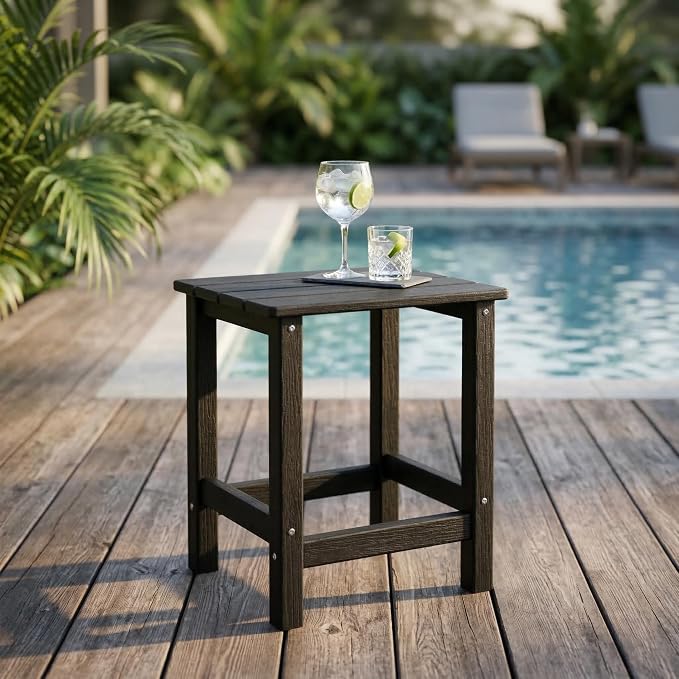 HDPE Outdoor Side Table, 14 Inch Square Patio End Table, Weather Resistant Small Outdoor Table for Adirondack Chairs, Waterproof Outside Table for Porch, Garden, Deck, Pool, Black