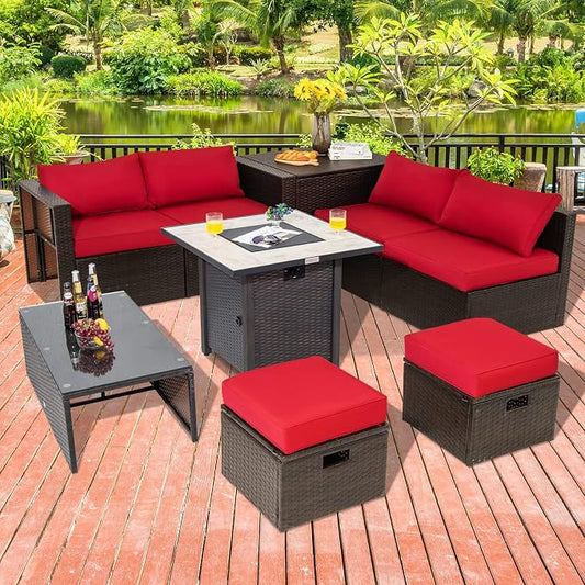 COSTWAY 9 Piece Patio Furniture Set with 30'' Fire Pit Table, Outdoor Wicker Rattan Sectional Sofa Set with 4'' Thickened Cushions, 2 Coffee Tables and 2 Ottomans for Poolside Backyard (Red)