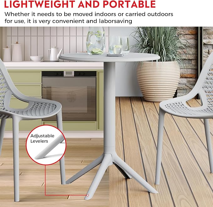Costaelm Patio Table for 4-Person, Outdoor Patio PP Round Dining Table, All-Weather Bistro Dining Table for Backyard Deck Porch Poolside, Gray