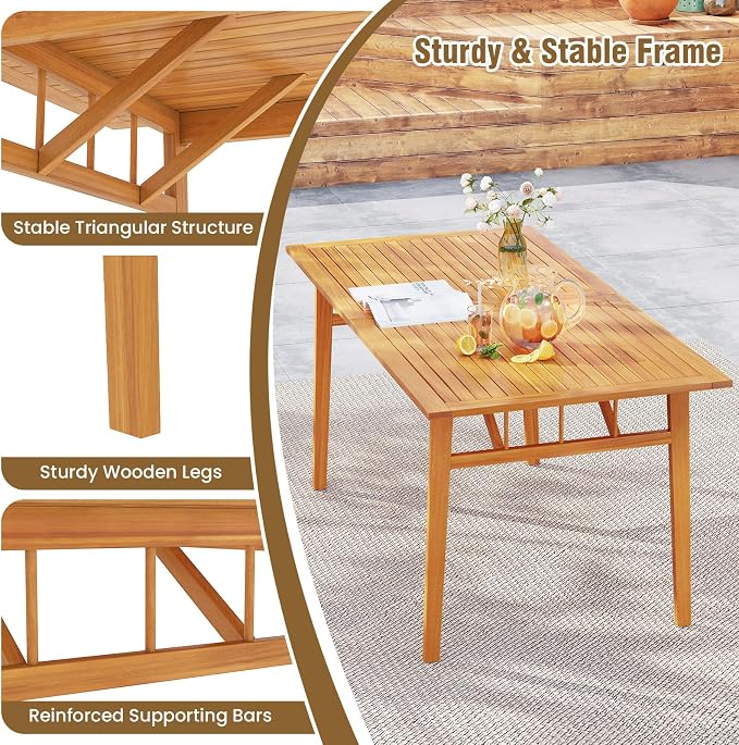 HAPPYGRILL Acacia Wood Outdoor Dining Table with Umbrella Hole & Cover, for 4-6 People, 63” Large Farmhouse Dinette Furniture for Backyard Patio Deck Porch