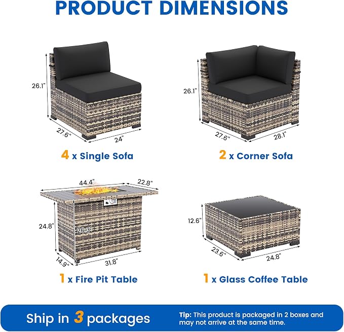 8 Pieces Outdoor Patio Furniture Set with 44" Fire Pit Table Yellow Rattan Sectional Conversation Sets w/Gas Fire Pit, Coffee Table, 1 Waterproof Covers, Black