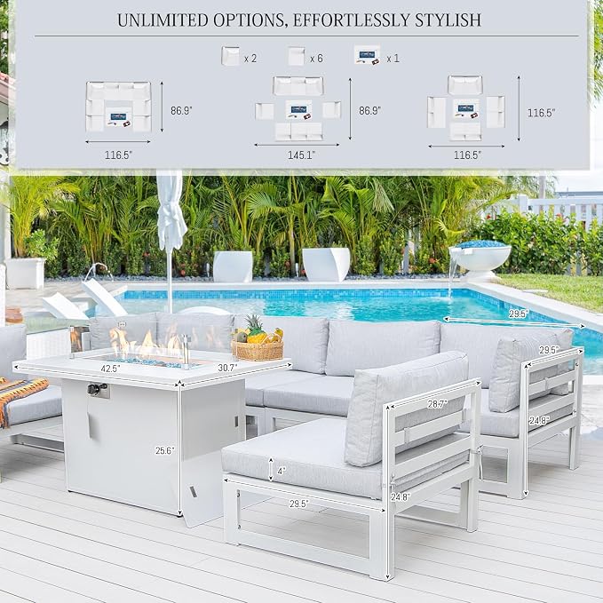 BULEXYARD 9 Piece Luxury Aluminum Outdoor Sectional Sofa with Fire Pit Table, Extra Large L Shaped Patio Furniture Set, 29" Deep Wide Seating, Comfortable Durable Conversation Set for 500 lbs, White