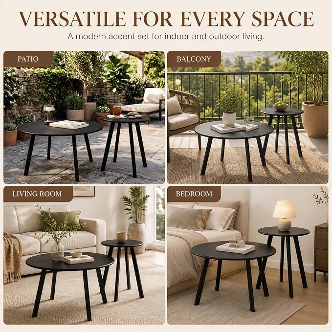 HRVEOCEI Black Round Nesting Coffee Table Set of 2, 2 PCS Small Outdoor Nesting Tables with LED Light for Living Room, Metal Side Table Set for Balcony Patio (70 Inch)