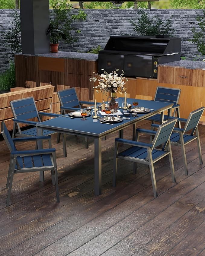 7 Pieces Outdoor Dining Set for 6, Patio Table and Chairs with Umbrella Hole, Aluminum & HDPE Weather-Resistant Furniture for Lawn, Garden, Porch, Balcony, Poolside (Navy)