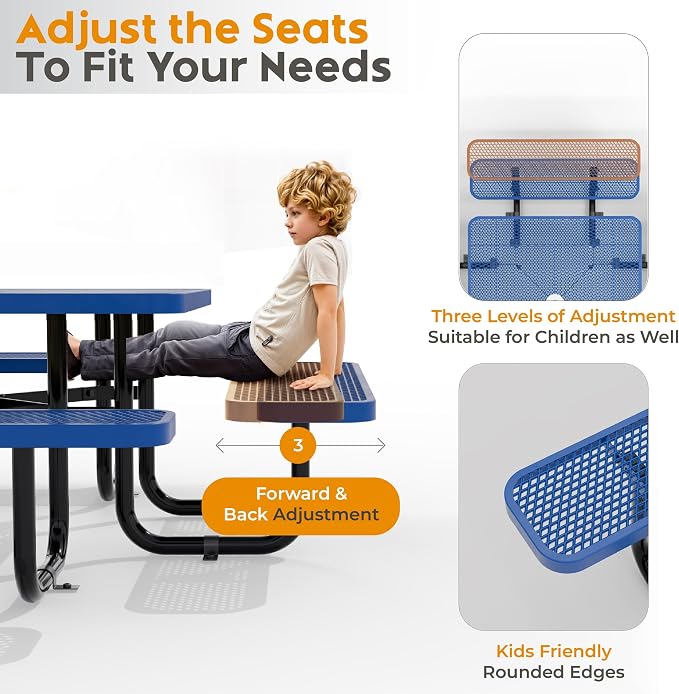 Square Metal Picnic Tables for Kids for Outdoors with Umbrella Hole, Adjustable Seats for School, Park, Playground (Blue, 38 in, Kids, Square)