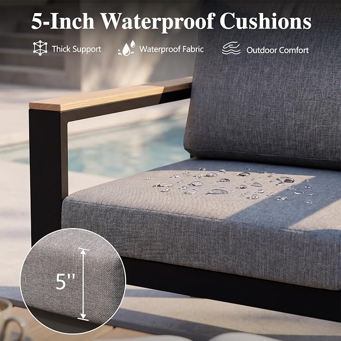Outdoor Patio Furniture Set, 4-Piece Aluminum Conversation Set with 3-Seat Sofa, 2 Chairs and Coffee Table, 5-Inch Water-Resistant Cushions for Backyard, Deck, Poolside, Gray