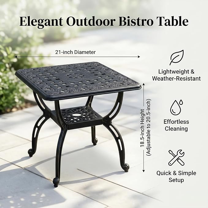 Square Outdoor Coffee Table Set of 2, Cast Aluminum Side Table with Storage,Indoor End Table, All-Weather Bistro Table for Patio Garden Lawn, Black