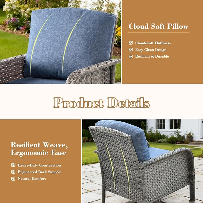 6 Pieces Patio Furniture Set, All-Weather Rattan Wicker Outdoor Furniture Loveseat Chairs with Coffee Table, High Back Conversation Set for Porch, Backyard, Balcony,Denim Blue