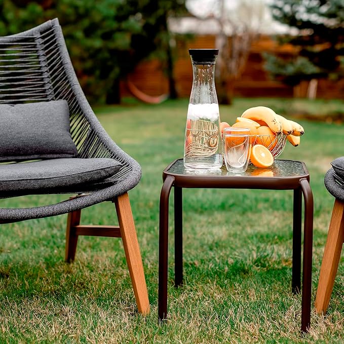 Bronze Metal Outdoor Side Table with Tempered Glass Top Set of 3 – Elegant Small 16" Square Patio Table – Durable Weather-Resistant Coffee Bistro Accent End Table for Outside and Garden
