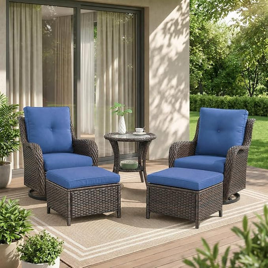 Rilyson Patio Furniture Swivel Chairs Set - 5 PC Wicker Rattan Outdoor Sectional Conversation Sets with 2 Swivel Rocking Chairs,2 Ottomans and 1 Side Table for Porch Deck(Brown/Blue)