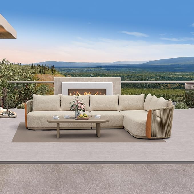 PURPLE LEAF 5-Piece Patio Furniture Set, L-Shaped Modular Outdoor Sectional Sofa with Genuine Teak, Olefin Fabric, 9" Thick Backrest & Aluminum Rope Coffee Table - Patio Conversation Sets