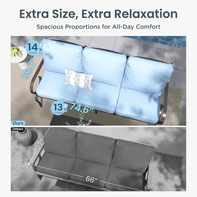 PHI VILLA Patio Furniture Set, 3-Seater Sofa, 2 Fixed Chairs, 2 Swivel Chairs and a Coffee Table, Outdoor Metal Conversation Set with 5.75" Extra Thick Cushion for Garden Backyard Deck, Blue