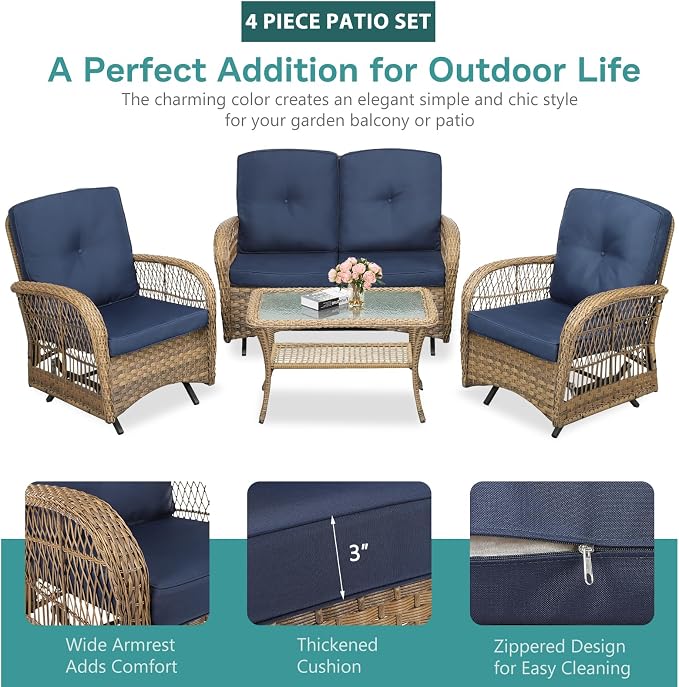 MEETWARM 4-Piece Outdoor Patio Conversation Set with Glider Loveseat, 2 Chairs, Glass-Top Coffee Table, Rocking Glider, Thickened Cushions, Navy Blue