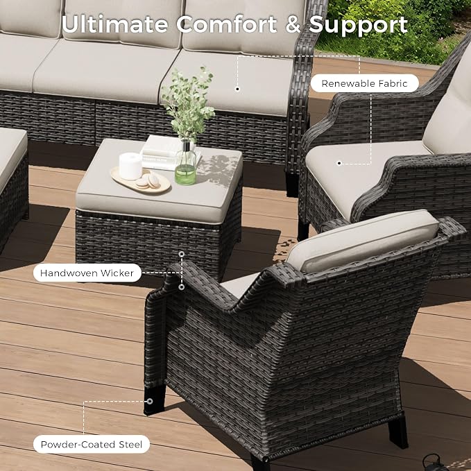 Outdoor Patio Chairs Set of 2, Wicker Patio Furniture with Thick Cushions, Curved Armrest, Deep Seating, Rattan Outdoor Chairs for Porch, Deck, Balcony